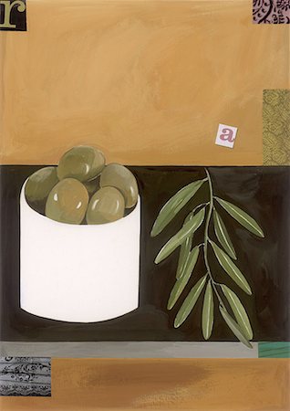 Eine Schale mit grünen Oliven mit einem Olivenzweig Stockbilder - Premium RF Lizenzfrei, Bildnummer: 645-01538523