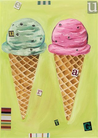 A green and a pink ice cream cone Foto de stock - Sin royalties Premium, Código: 645-01538553