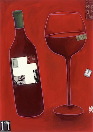 red wine painting - A bottle of red wine with a wineglass half full Stock Photo - Premium Royalty-Free, Code: 645-01538561