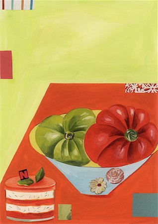 One green and one red tomato in a bowl on a table with a tart Foto de stock - Sin royalties Premium, Código: 645-01538563