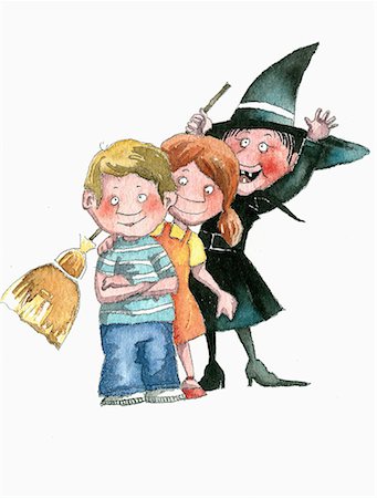 fantasía - Happy witch with two children Stock Photo - Premium Royalty-Free, Code: 645-01538576