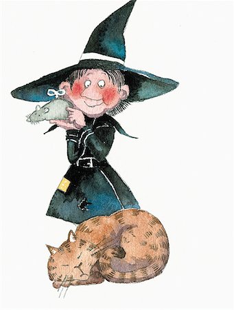 fantasía - Friendly witch ready to surprise her cat with toy mouse Stock Photo - Premium Royalty-Free, Code: 645-01538596