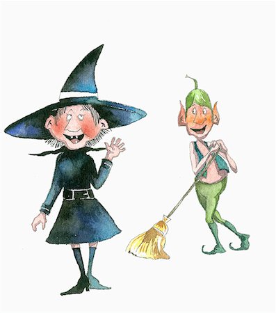 evil witch cartoon - Witch waving at elf Stock Photo - Premium Royalty-Free, Code: 645-01538590