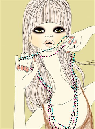 fashion face drawing - Woman holding her beaded necklace Stock Photo - Premium Royalty-Free, Code: 645-01538604