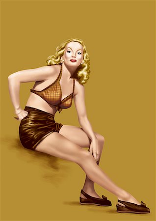 Fille de pin-up blonde en lingerie brune Photographie de stock - Premium Libres de Droits, Code: 645-01739775