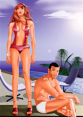 simsearch:645-01740244,k - Jeune couple sur la plage en maillots de bain Photographie de stock - Premium Libres de Droits, Code: 645-01739782