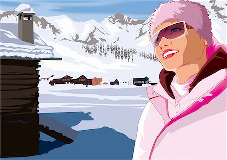 people in winter clothes illustrations - Woman in pink winter outfit by ski lodge Stock Photo - Premium Royalty-Free, Code: 645-01739815