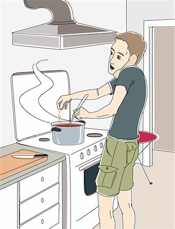 drawing in modern art - Man cooking dinner on the phone Foto de stock - Sin royalties Premium, Código: 645-01739927