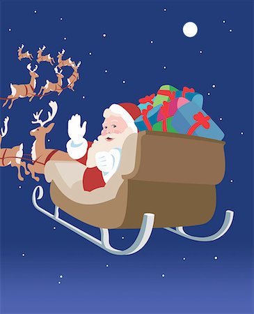 simsearch:400-08343929,k - Santa Claus going into the night with his sleigh to distribute presents Foto de stock - Sin royalties Premium, Código: 645-01739934