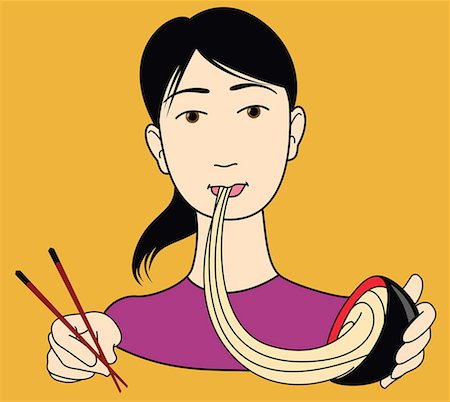 delicious food cartoon - Asian woman eating a bowl of noodles Stock Photo - Premium Royalty-Free, Code: 645-01739936