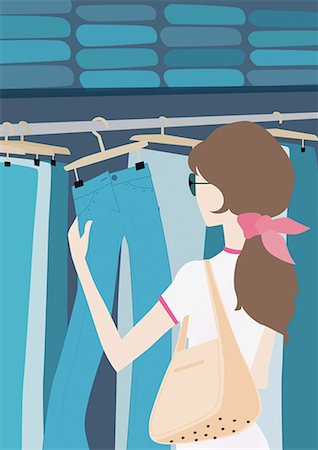 scene cartoons characters - Young woman in a jeans store browsing Stock Photo - Premium Royalty-Free, Code: 645-01739983