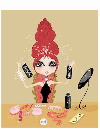 elegant lady cartoon - Dressed up woman applying plentiful hairspray Stock Photo - Premium Royalty-Free, Code: 645-01740035