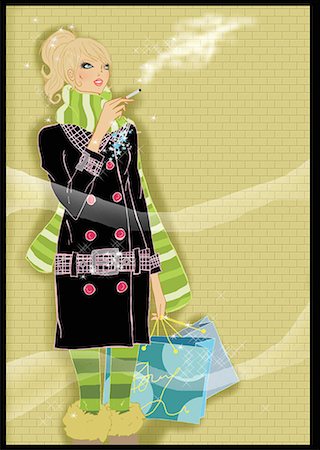 people in winter clothes illustrations - Woman taking a break from shopping with her cigarette Stock Photo - Premium Royalty-Free, Code: 645-01740054
