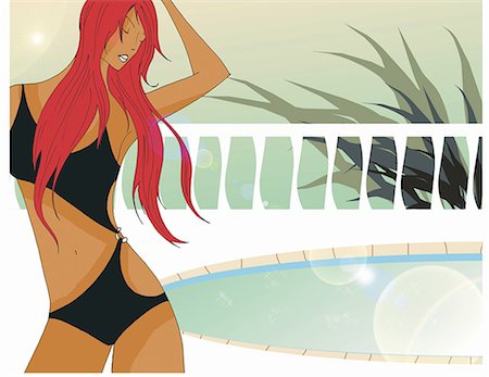 Redhead by pool in a fashionable one-piece swim suit Stock Photo - Premium Royalty-Free, Code: 645-01740108