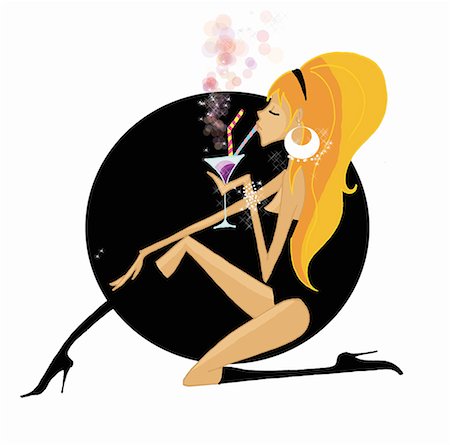 drawing of a drink - Sexy woman in boots drinking a cocktail Stock Photo - Premium Royalty-Free, Code: 645-01740138