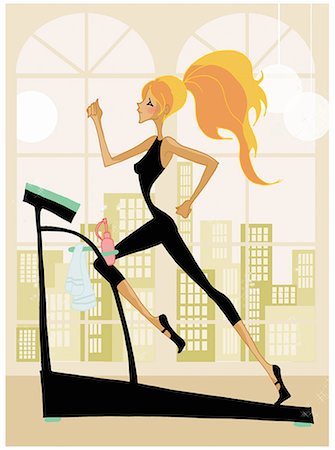 drawing in modern art - Woman running on the treadmill Foto de stock - Sin royalties Premium, Código: 645-01740141