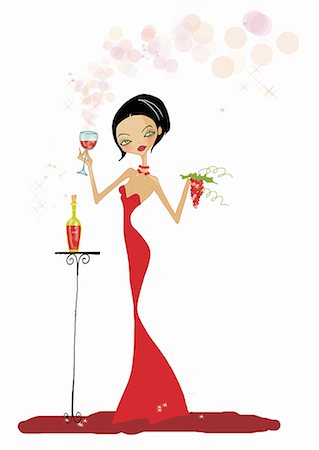 Formally dressed woman with a glass of red wine and grapes Stock Photo - Premium Royalty-Free, Code: 645-01740154