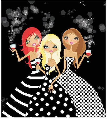 drawing of a drink - Three women dressed up holding glasses of red wine Stock Photo - Premium Royalty-Free, Code: 645-01740152