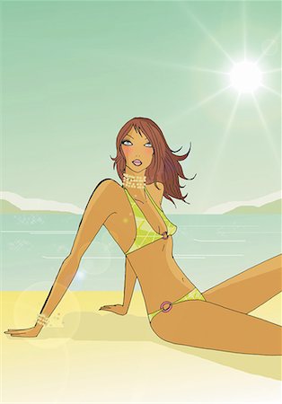 drawing picture of summer season in cartoon - Brunette sitting on beach posing in her bikini Stock Photo - Premium Royalty-Free, Code: 645-01740196