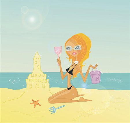 drawing cute cartoons - Blonde on the beach building a sandcastle Stock Photo - Premium Royalty-Free, Code: 645-01740193