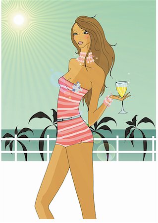 simsearch:645-01538389,k - Brunette with summer shorts and halter top with drink in her hand Foto de stock - Sin royalties Premium, Código: 645-01740204