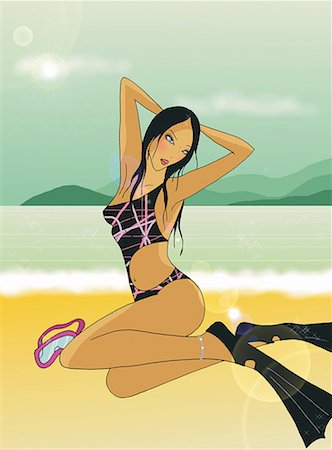 simsearch:645-01740451,k - Woman in swim suit and flippers posing on the beach Stock Photo - Premium Royalty-Free, Code: 645-01740203