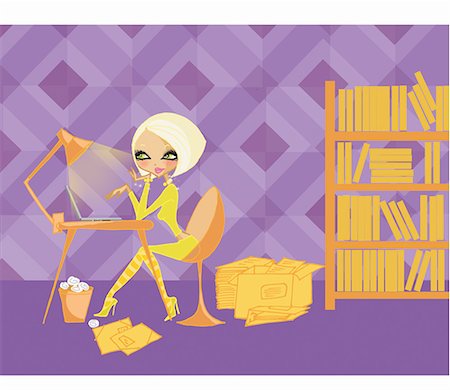 people reading books drawing - Woman at desk with laptop surrounded by files and bookshelf Stock Photo - Premium Royalty-Free, Code: 645-01740239