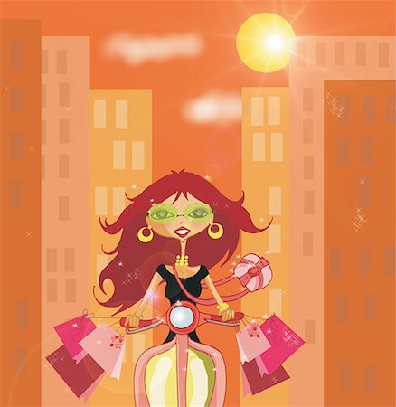 solar system - Woman riding her Vespa with shopping bags Foto de stock - Sin royalties Premium, Código: 645-01740253