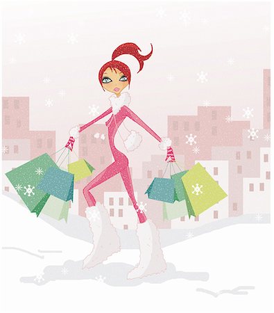 simsearch:645-01740219,k - Femme qui marche dans la neige avec de nombreux sacs à provisions Photographie de stock - Premium Libres de Droits, Code: 645-01740268