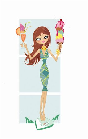 simsearch:400-05907063,k - Young woman with a drink and a large ice cream cone weighing herself Stock Photo - Premium Royalty-Free, Code: 645-01740273