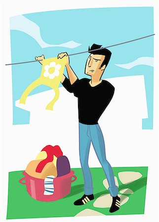domestic housework cartoon - Man hanging laundry on terrace Stock Photo - Premium Royalty-Free, Code: 645-01740288