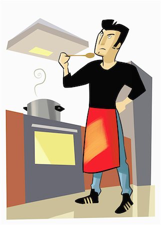 pot modern - Man with apron tasting his cooking Stock Photo - Premium Royalty-Free, Code: 645-01740317