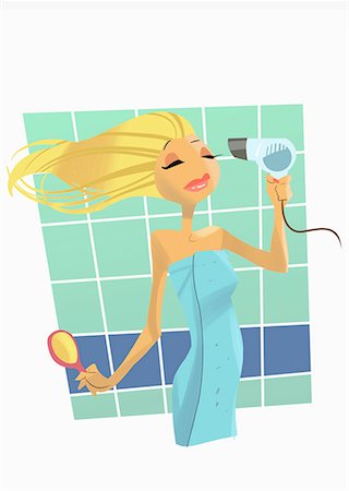 Femme blonde, sécher les cheveux dans la salle de bain Photographie de stock - Premium Libres de Droits, Code: 645-01740313