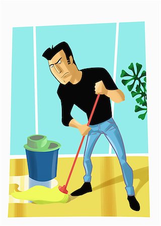 domestic housework cartoon - Man mopping floor Stock Photo - Premium Royalty-Free, Code: 645-01740325