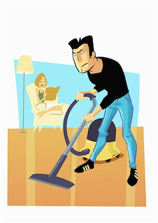 Man vacuuming floor while woman reads Foto de stock - Sin royalties Premium, Código: 645-01740327
