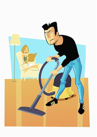 roles - Man vacuuming floor while woman reads Foto de stock - Sin royalties Premium, Código: 645-01740327