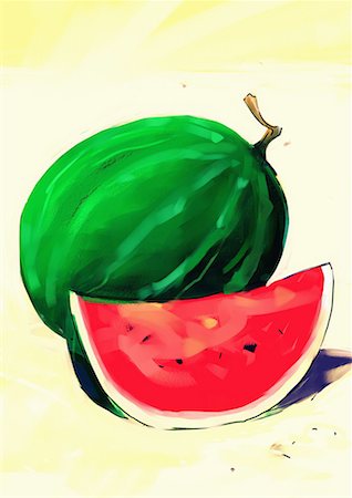 shopper illustration - One whole and a wedge of watermelon Stock Photo - Premium Royalty-Free, Code: 645-01740335