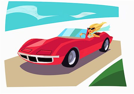 drawing picture of summer season in cartoon - Woman in convertible sports car racing down the highway Stock Photo - Premium Royalty-Free, Code: 645-01740338