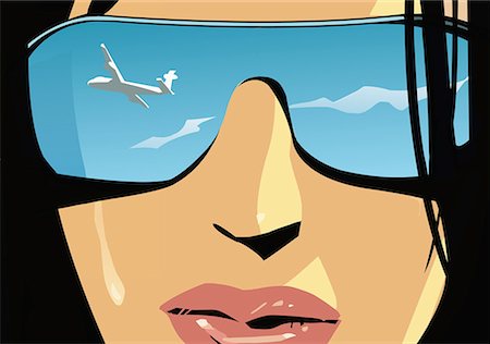 Closeup of woman's face with airplane reflected in her mirror shades Foto de stock - Sin royalties Premium, Código: 645-01740332