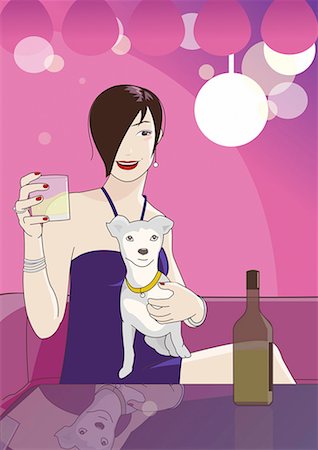 Woman in bar with a drink and her dog Stock Photo - Premium Royalty-Free, Code: 645-01740368