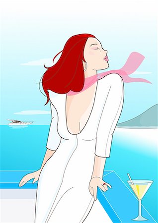 drawing of a drink - Woman on seaside balcony with a martini Stock Photo - Premium Royalty-Free, Code: 645-01740379