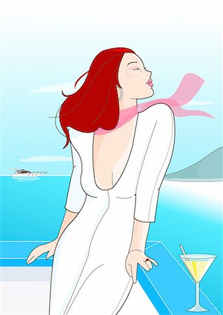 simsearch:645-01538389,k - Femme sur le balcon de la mer avec un martini Photographie de stock - Premium Libres de Droits, Code: 645-01740379