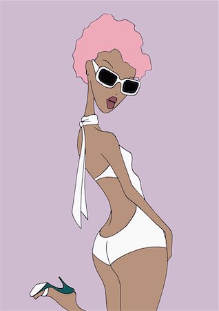 funky african lady - Woman in white bathing suit, heels, and pink hair Stock Photo - Premium Royalty-Free, Code: 645-01740415