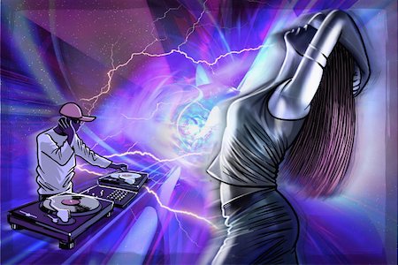 dj - Young woman dancing in a nightclub with a DJ Fotografie stock - Premium Royalty-Free, Codice: 645-01826158