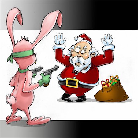 funny present christmas - Santa Claus being held up by a bunny rabbit Stock Photo - Premium Royalty-Free, Code: 645-01826189