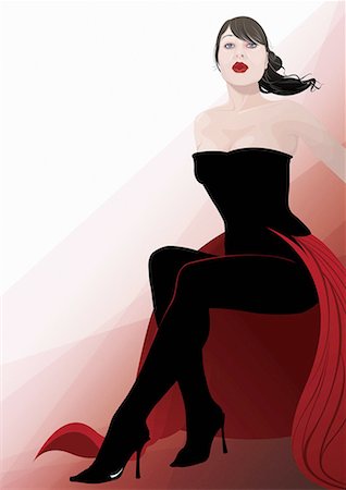 fashion illustration in sitting - Seated woman dressed for evening Stock Photo - Premium Royalty-Free, Code: 645-01826222