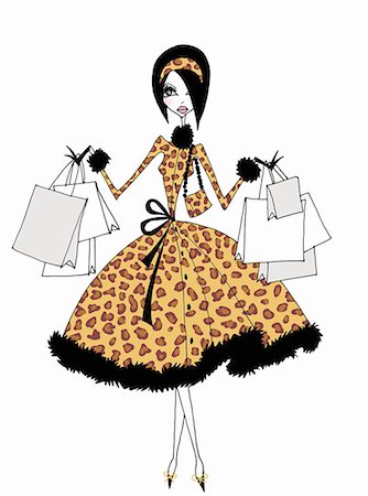 shopper illustration - Young woman in leopard pattern outfit with many shopping bags Stock Photo - Premium Royalty-Free, Code: 645-01826320