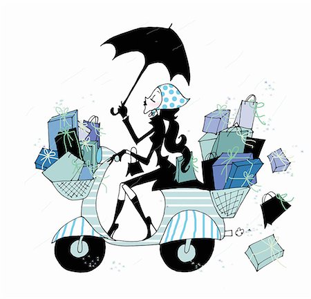 simsearch:645-01826320,k - Young woman on scooter in the rain with many presents Stock Photo - Premium Royalty-Free, Code: 645-01826323