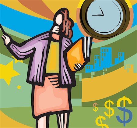 dollar sign and building illustration - Businesswoman standing by clock and buildings Foto de stock - Sin royalties Premium, Código: 645-02153376