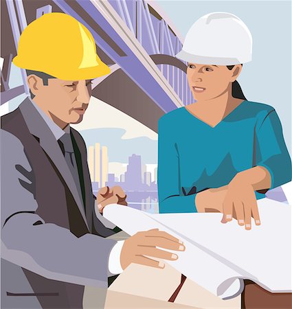 female colleague illustration - Engineers with blueprint Stock Photo - Premium Royalty-Free, Code: 645-02153423